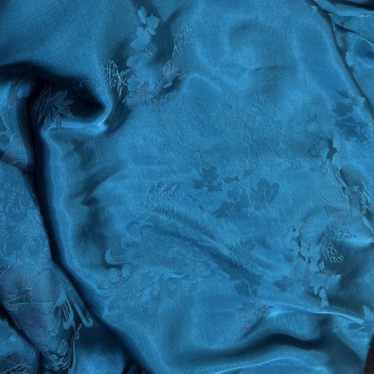 Grape Flower Jacquard Fabric: Teal Antique Style, 59" Wide