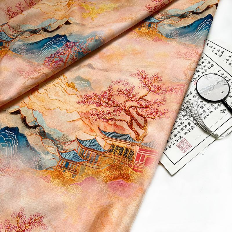 Oriental Landscape Cotton Fabric: Fairy Mountain Palace Print, Quilting Material (55"W)
