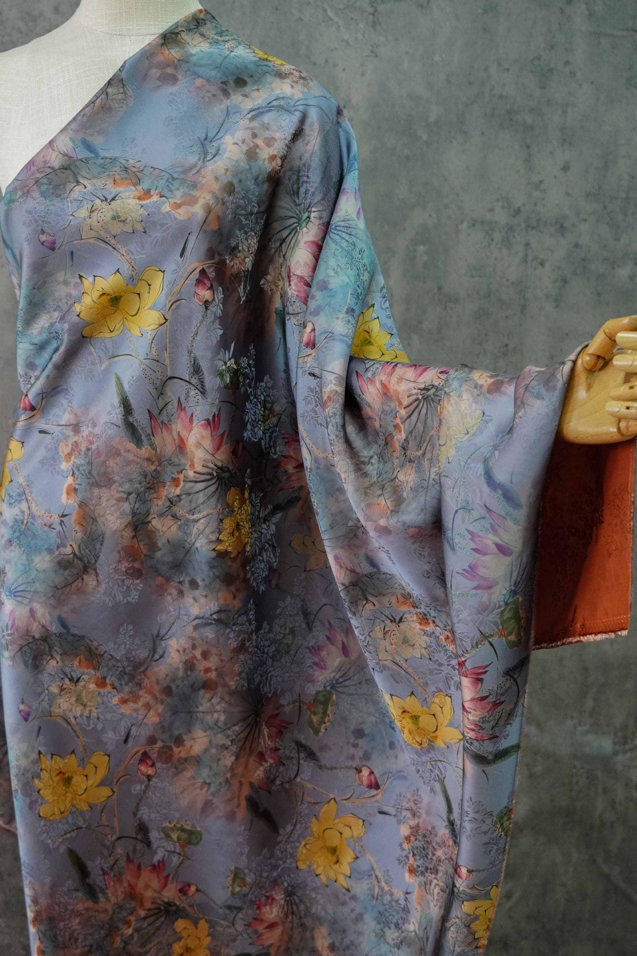 Lotus Flower Tea Silk Satin Fabric: Digital Print, 55" Wide