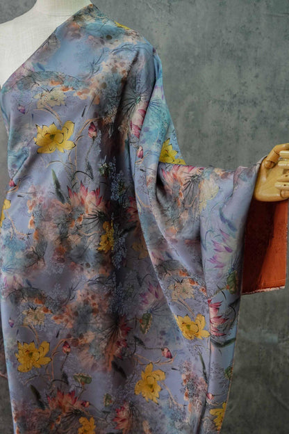 Lotus Flower Tea Silk Satin Fabric: Digital Print, 55" Wide
