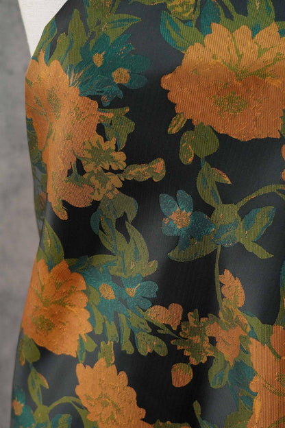 Orange Floral Woven Fabric, Black Polyester Blend, 62" Wide