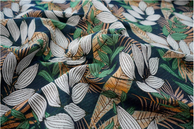 Tissu jacquard floral en polyester : revêtement d’ameublement à motif de feuilles tropicales, 150 cm de large