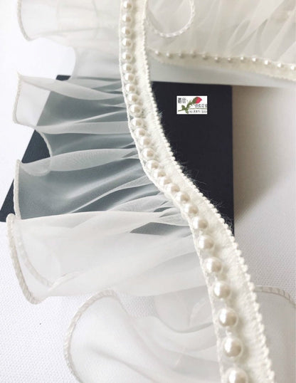 Embroidered Lace Organza Fabric with Pearls - 2.4" Wide