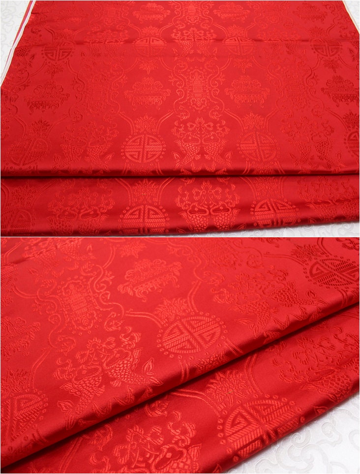 Brocart rouge chinois : motif double poisson Poissons