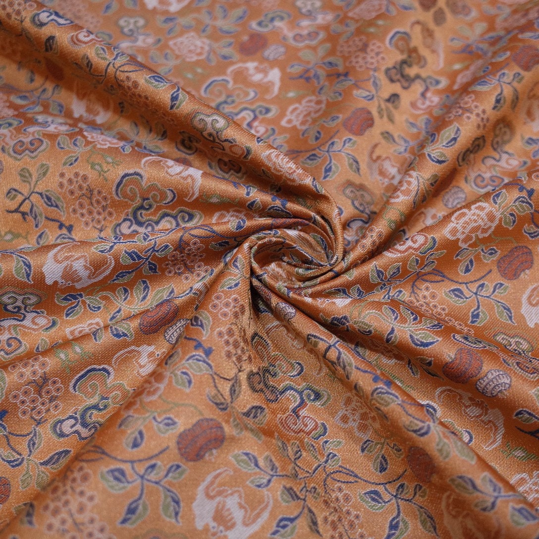59"W Song Brocade Fabric: Eight Treasures Ganoderma Lucidum Pattern
