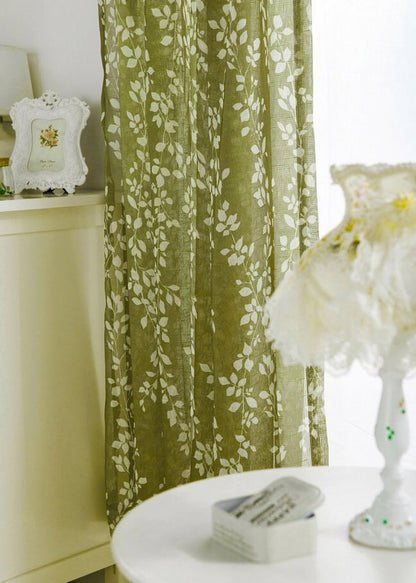 Apple Green Linen Curtain Fabric: Floral Print Veil, 110" H