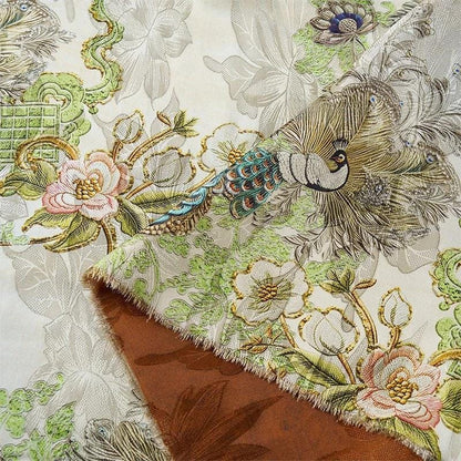 Tissu satiné de soie « Thé Paon » : Ameublement vert, costumes, rideaux (58 po L)