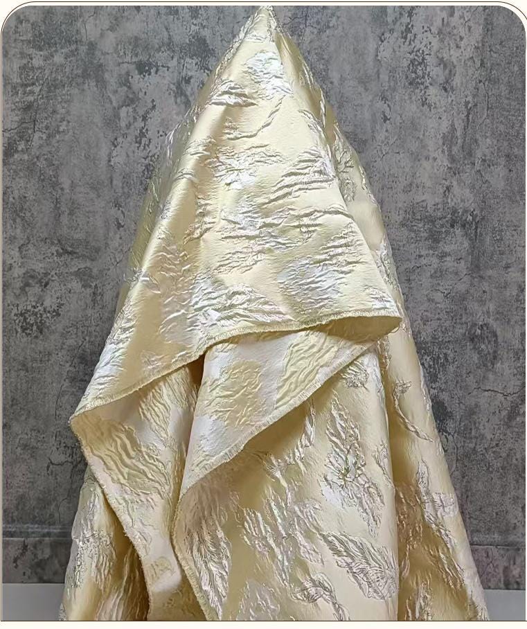 Yellow 3D Embossed Floral Jacquard Metallic Gold Luxury Fabric ��� Textured Brocade for Dress, Home Decor & Craf"Wide