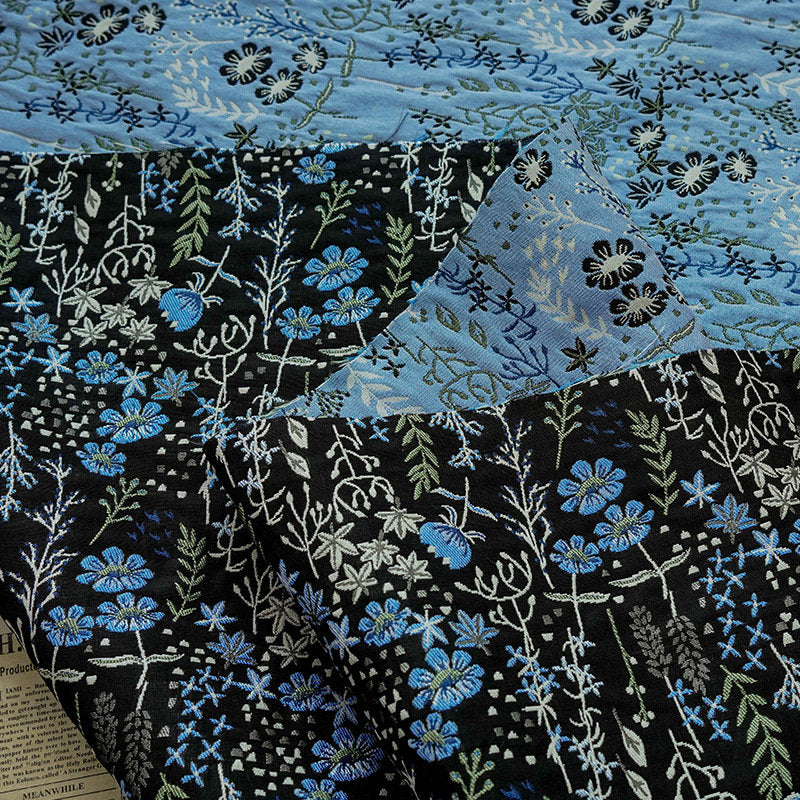 Blue Flower Jacquard Fabric: 3D Relief Polyester, 57" Wide