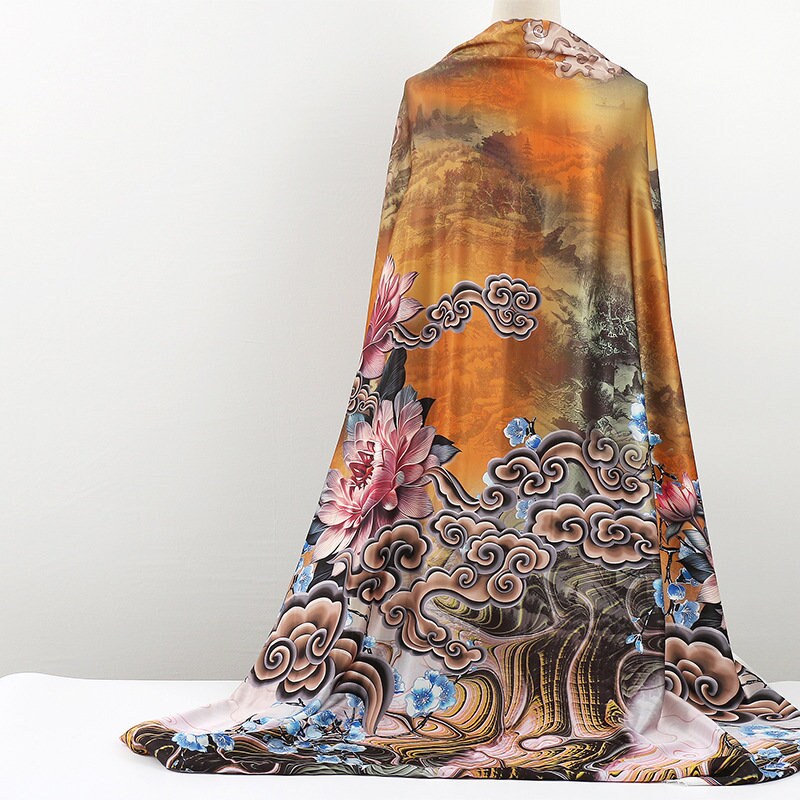 Dunhuang Floral Satin Fabric: 59"W Digital Print for Sewing & Decor