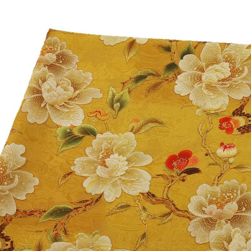 Golden Yellow Blossom Branch Lightweight Brocade Jacquard Fabric ��� Shiny Floral Material for Cheongsam & D