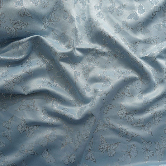 Blue Butterfly Jacquard Fabric: Silver Thread Rayon, 59" Wide