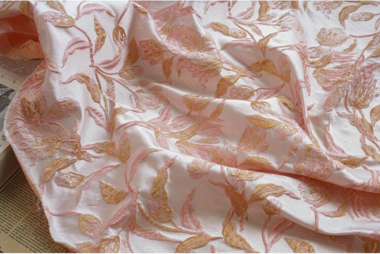Gold Thread Jacquard Fabric: 3D Embossed Floral Woven Upholstery - 62"W