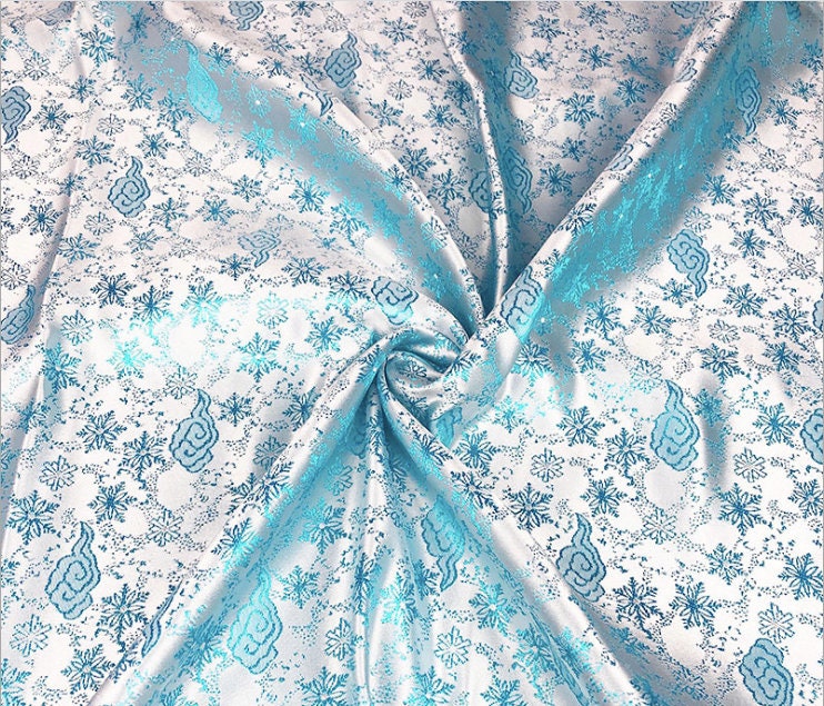White & Blue Silk Brocade Fabric: Snow Cloud Design, 29.5" Wide