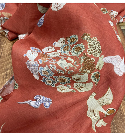 Tissu ramie imprimé Dunhuang rouge rouille : 140 cm de large, ameublement et costumes
