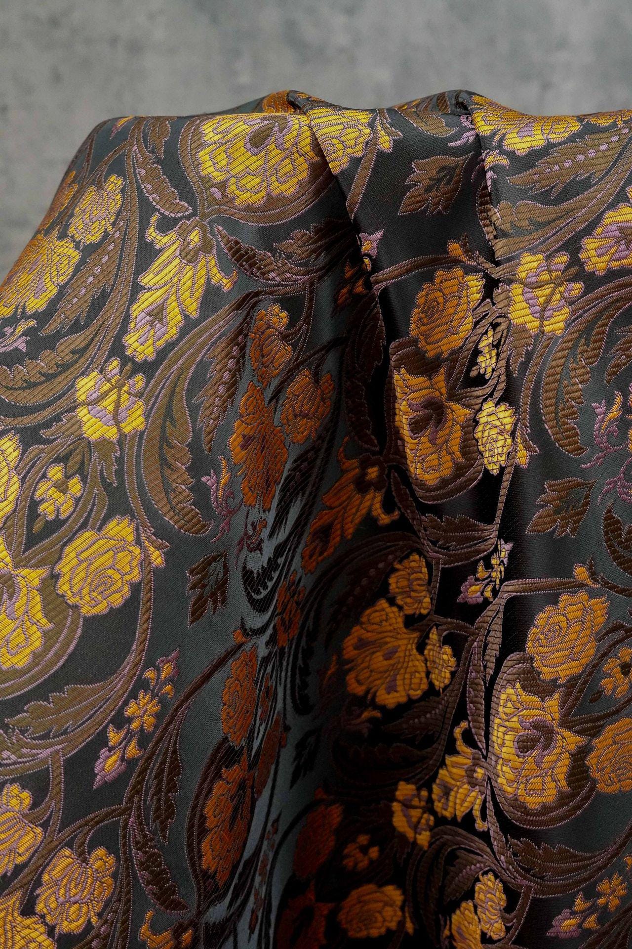 Luxury European Black Rose Scroll Jacquard Fabric ��� Elegant Brocade for Vest, Costume, Upholstery & Dress