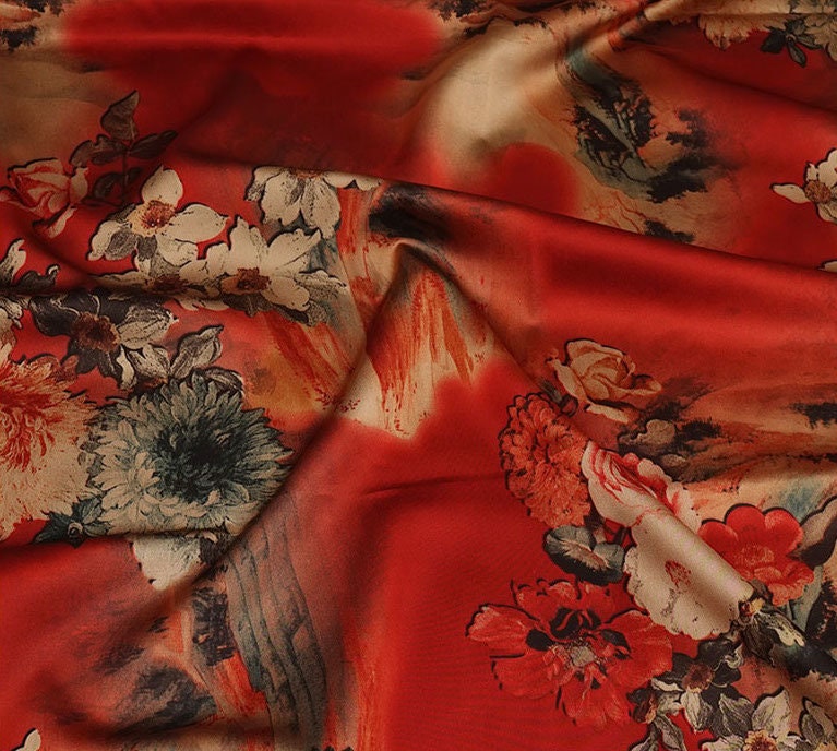 Floral Gambiered Canton Gauze Fabric: 59"W Chinese Satin