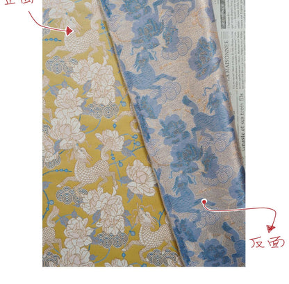 Luxury Song Brocade Jacquard Fabric with Kirin and Peony Gold Pattern, 58" Wide