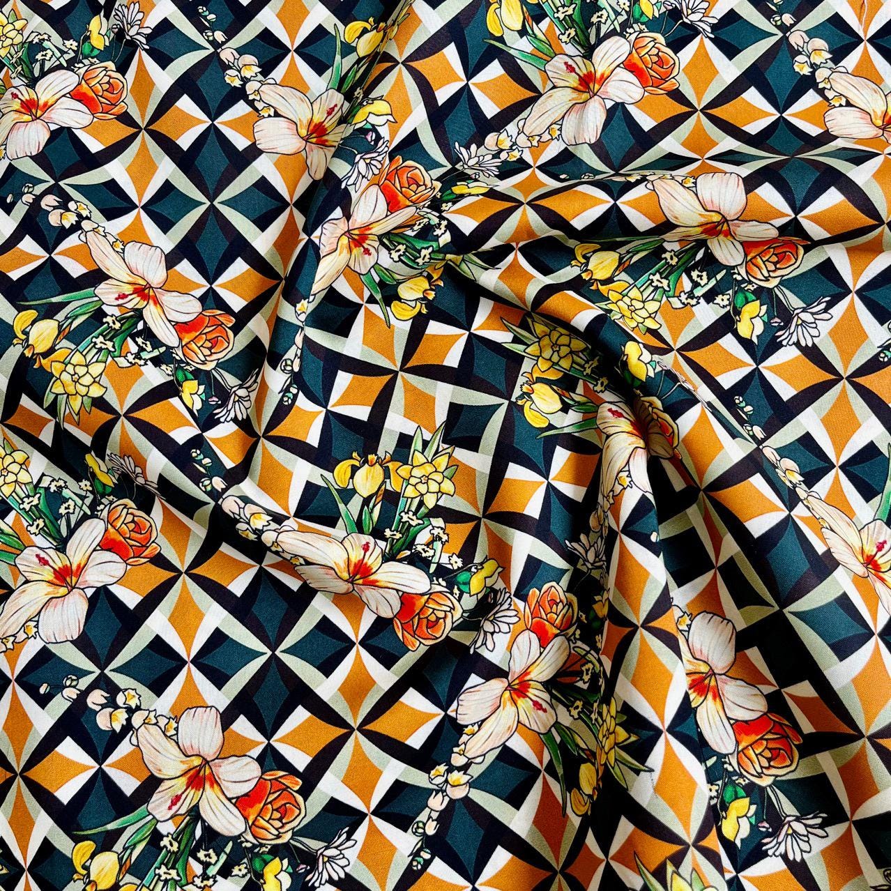 Floral Cotton Fabric: 60s Style Print, 59" Wide, Sewing & Upholstery