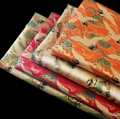 Crane Jacquard Satin Fabric: Gold Thread Bird Pattern (58"W)