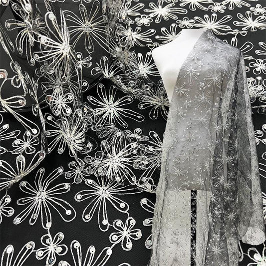 Floral Sequined Mesh Lace Fabric, Beaded Embroidery, 50"W