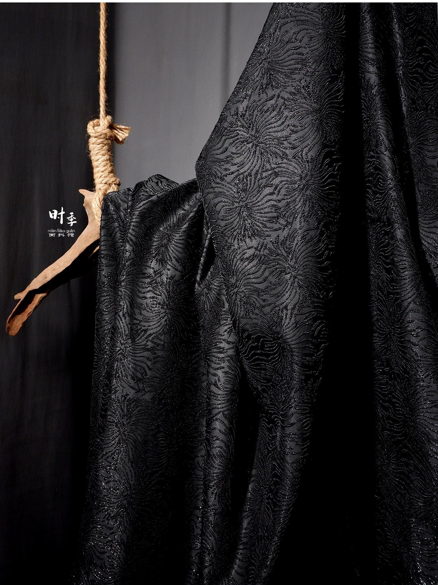 Black Spider Lily Jacquard Fabric | Embossed 3D Floral Brocade, 52" Wide