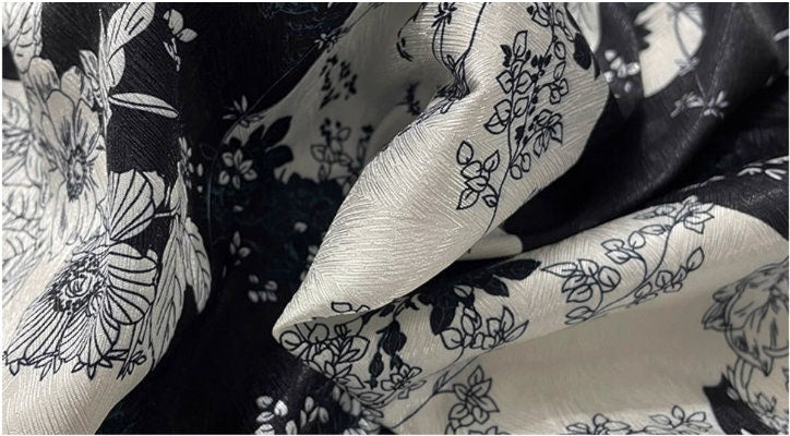 Floral Herringbone Satin Fabric: Black & White Print, 59" Wide