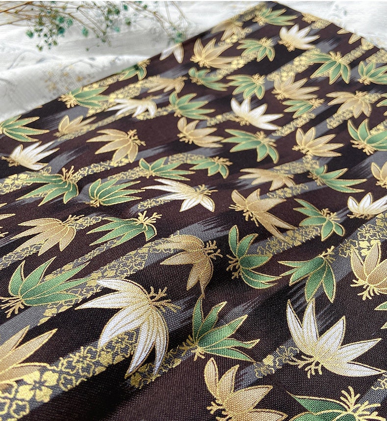 Japanese Foliage Cotton Fabric: Hot-Stamping Kimono Sewing Material, 57"W
