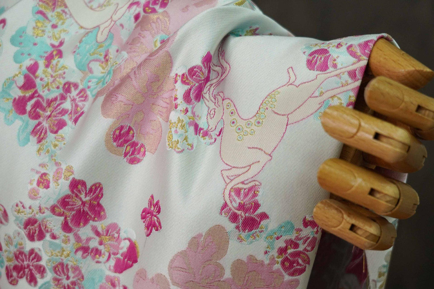 White Deer Jacquard Fabric: Gold Thread Embossed Upholstery, 65"W