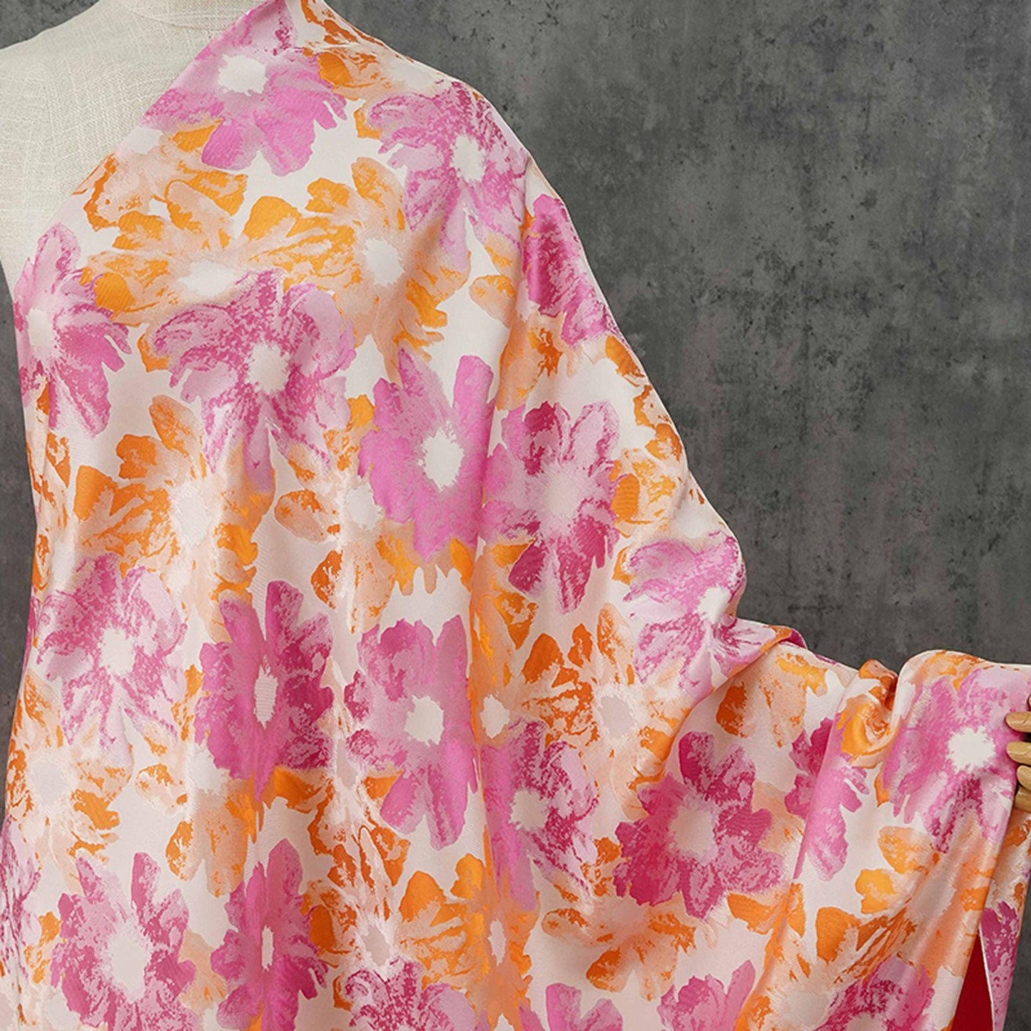 Floral Jacquard Brocade Fabric: Orange Pink Flower Pattern, 65" Wide