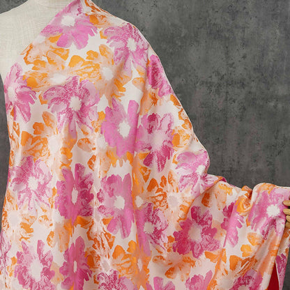 Floral Jacquard Brocade Fabric: Orange Pink Flower Pattern, 65" Wide