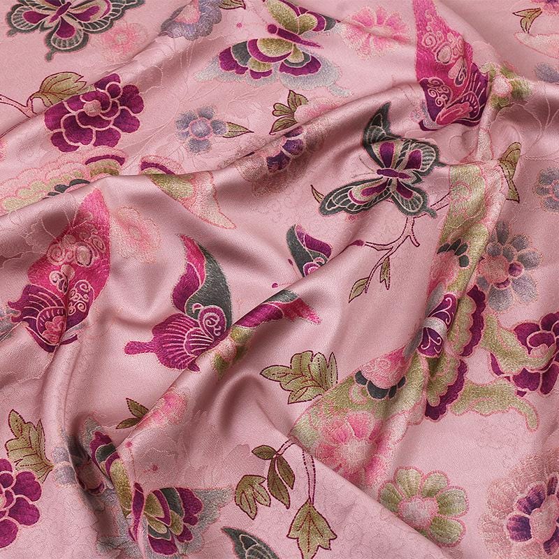 Floral Butterfly Print Fabric: Gambiered Canton Gauze Tea Silk, pink, orange, purple
