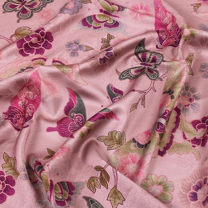 Floral Butterfly Print Fabric: Gambiered Canton Gauze Tea Silk, pink, orange, purple