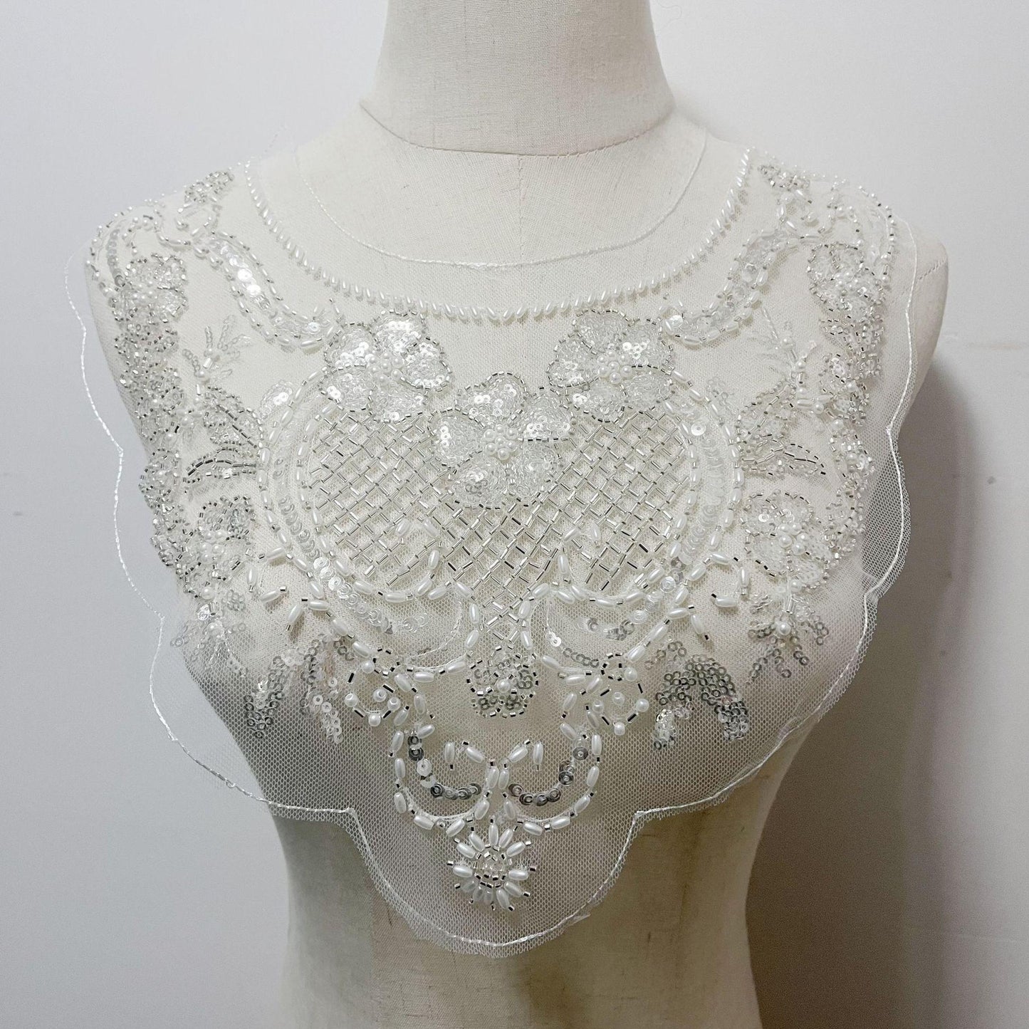 Embroidered Lace Trim: Light Ivory Bridal Wedding Veil with Sequins - 12" Wide, By The Yard