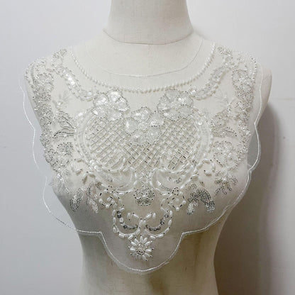 Embroidered Lace Trim: Light Ivory Bridal Wedding Veil with Sequins - 12" Wide, By The Yard