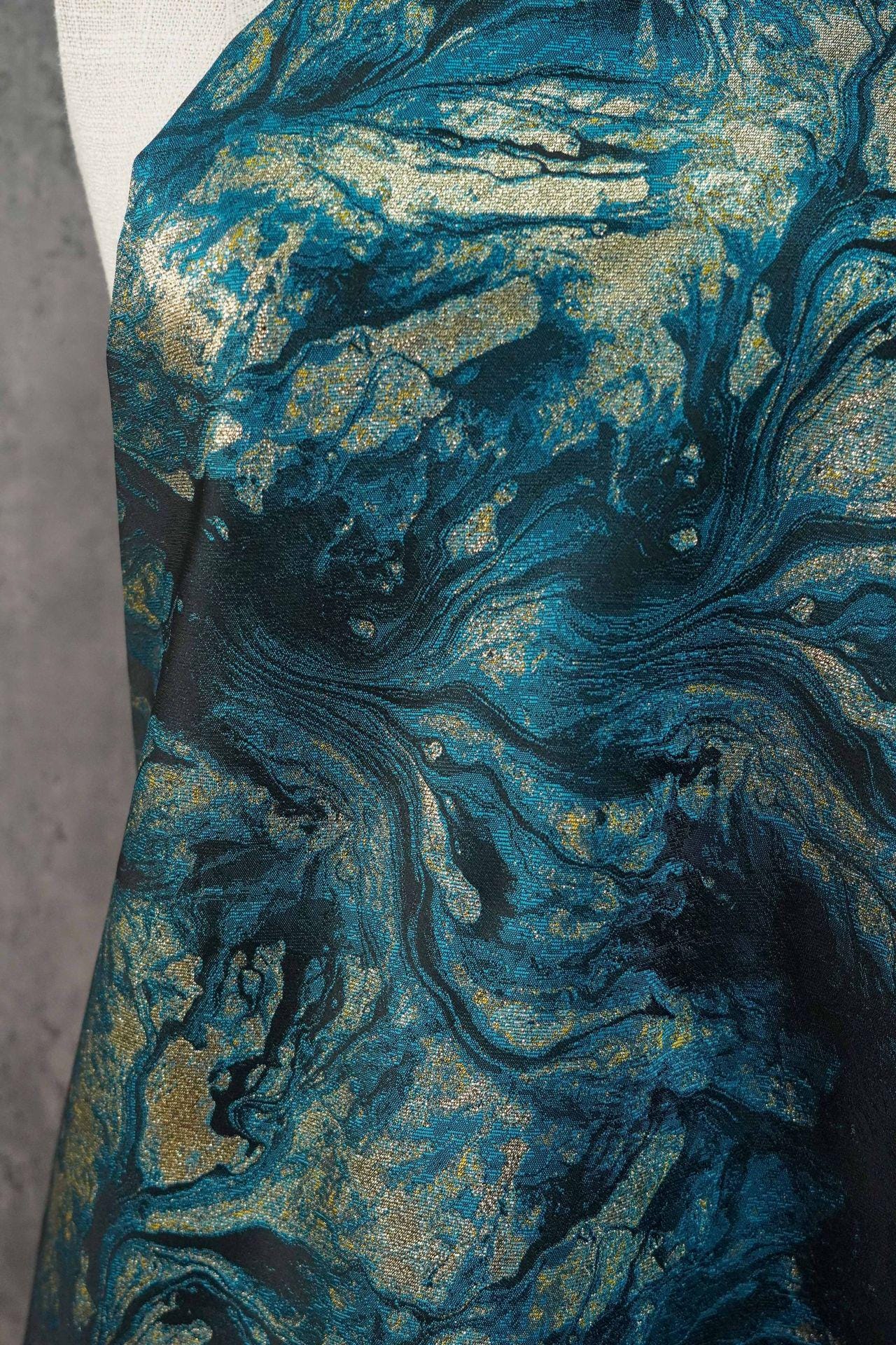 Gilded Marble Jacquard Fabric with Gold & Silver Threads ��� Luxury Brocade for Upholstery, Curtains, Fashion, D"Wide