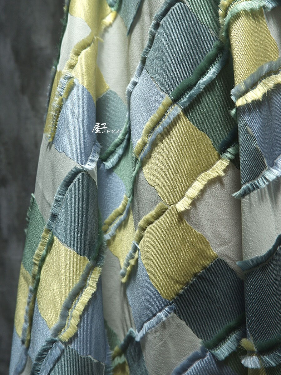 Plaid Patchwork Jacquard Fabric: Raw Edge Denim Style, 57" Wide