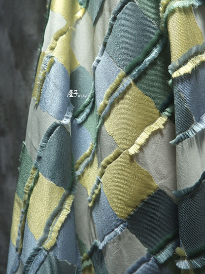 Plaid Patchwork Jacquard Fabric: Raw Edge Denim Style, 57" Wide
