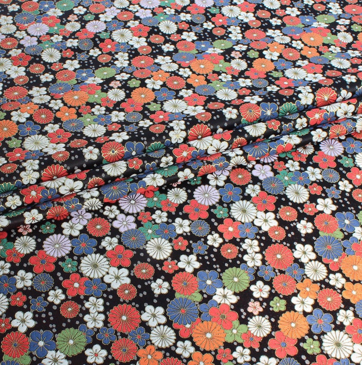 Japanese KINRAN Floral Fabric: Black Silk Rayon Blend, 59" Wide