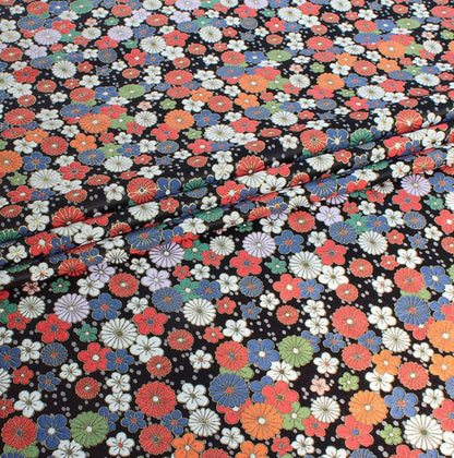 Japanese KINRAN Floral Fabric: Black Silk Rayon Blend, 59" Wide