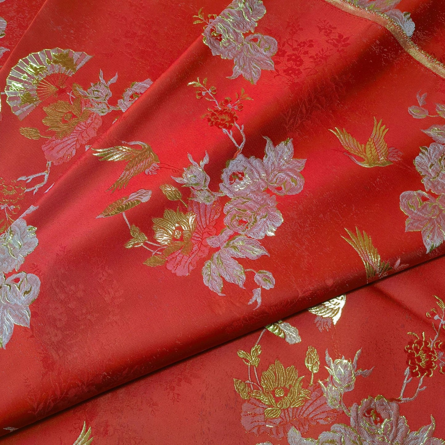 Gold Crane Brocade Fabric: 55"W Jacquard Rayon Sewing Material