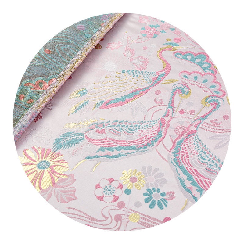 Baby Pink Crane Brocade Fabric: 59"W Jacquard Satin, Costume Decor