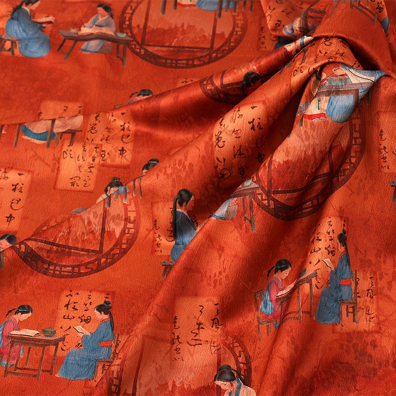 Red Ancient Ladies Fabric: Silken Upholstery, Costume, Doll Making (59"W)