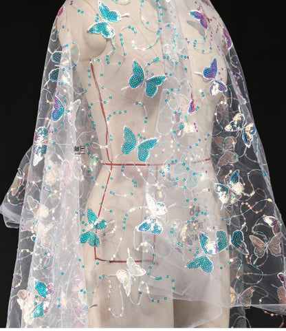 Butterfly Sequin Embroidered Mesh Fabric, See-Through Designer Fabric