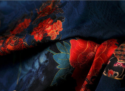 Red Floral Print Fabric: Polyester Spandex Blend, 59" Wide