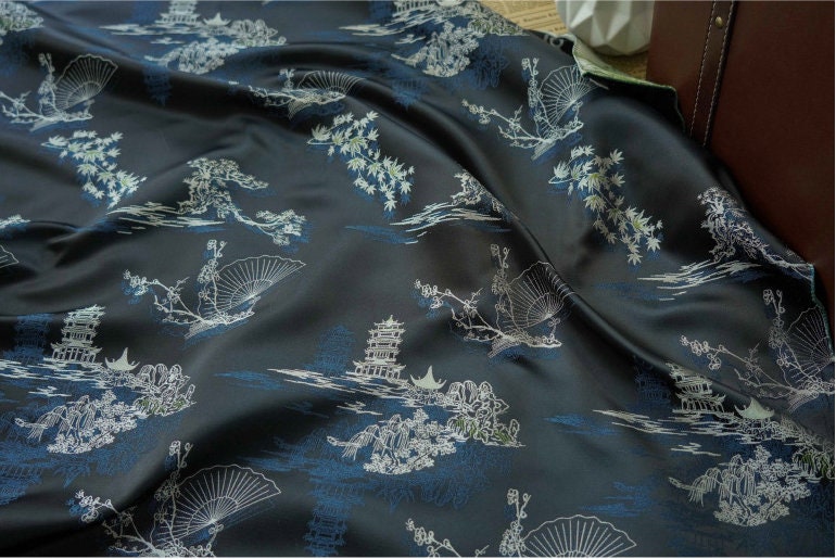 Jacquard Fabric: Ancient Fan Pattern Silk Rayon Blend, 67"W