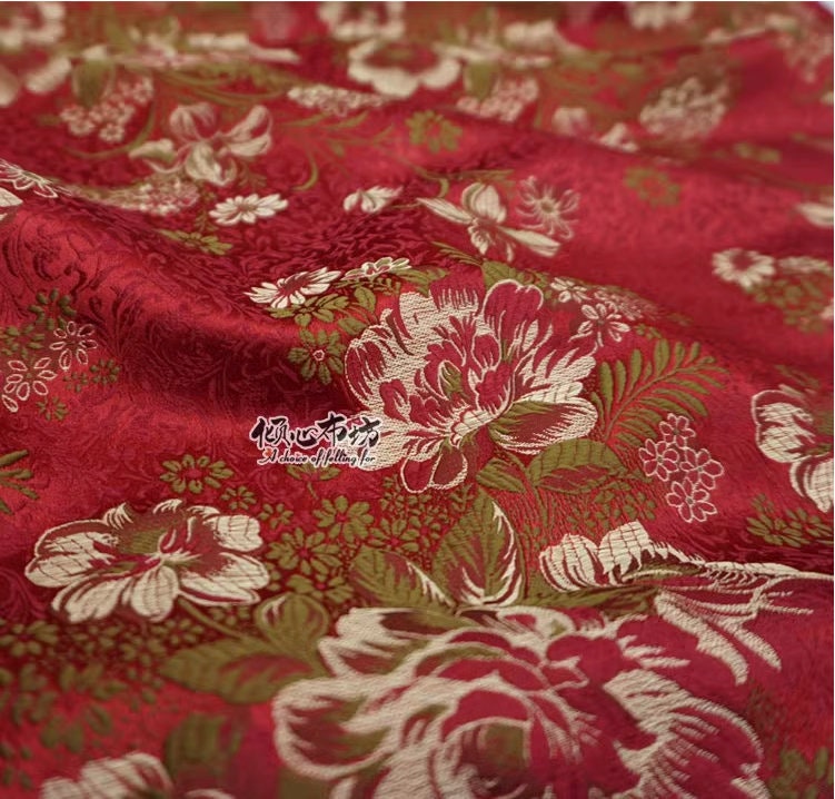 Maroon Peony Brocade Fabric: 29"W Rayon Blend, Costume & Decor