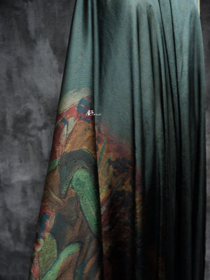 Dark Green Silk Satin Fabric: Dunhuang Pattern Sewing Material, 55"W