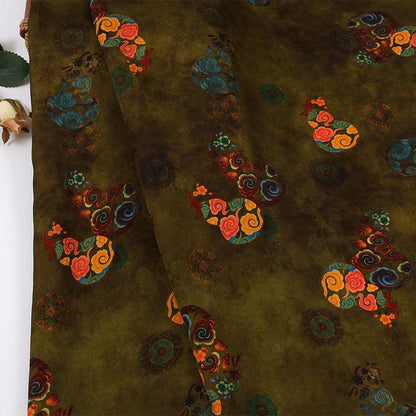 Brown Silk Fabric: Gourd Xiangyun Print, Cheongsam Dressmaking, 59" Wide