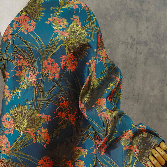 Tissu jacquard tissé à fil doré : motif floral 3D turquoise en relief pour ameublement, costumes et couture - 157 cm de large